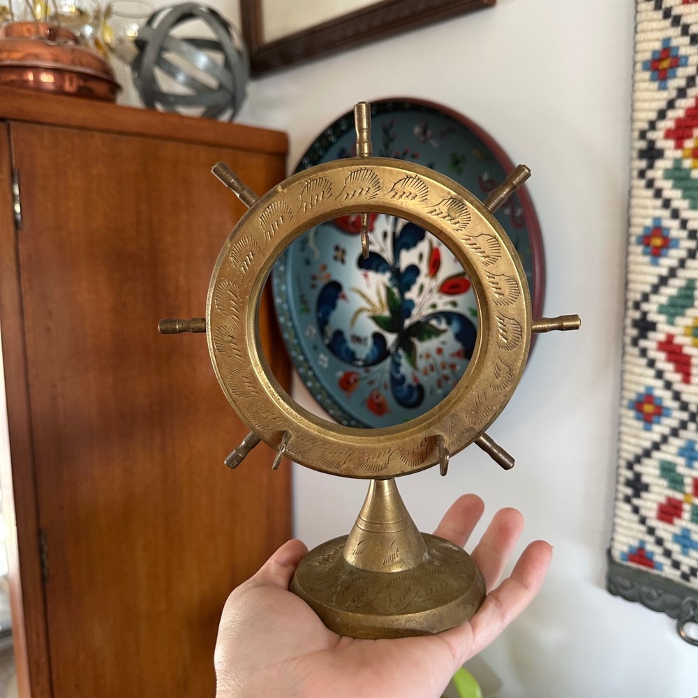 Vtg Brass Captains Wheel Jewelry Stand Key Holder Nautical Etched Desk India MCM